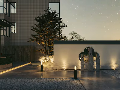 Modern Garden Landscape With Illuminated Stone Wall Archway Tree Pathway And Building 3d model