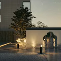 Modern Garden Landscape With Illuminated Stone Wall Archway Tree Pathway And Building