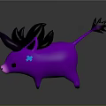Purple Cartoon Creature with Black Ears Spiky Tail Blue Cross Mark Cute Fantasy Design