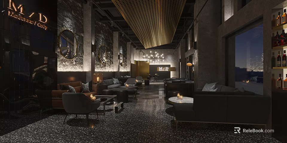 Modern Bar Interior Design With Dark Sofas Armchairs Round Tables And Warm Lighting 3d model