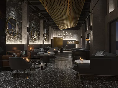 Modern Bar Interior Design With Dark Sofas Armchairs Round Tables And Warm Lighting 3d model