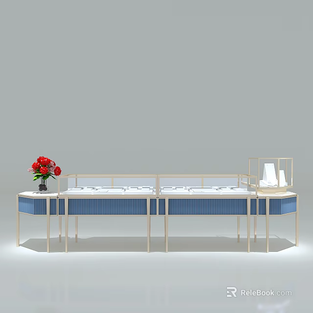 Modern Display Shelves With Blue White Design Metal Frame Glass Cabinet And Red Flower Bouquet 3d model 