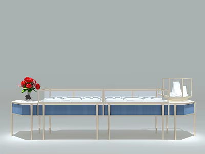 Modern Display Shelves With Blue White Design Metal Frame Glass Cabinet And Red Flower Bouquet 3d model