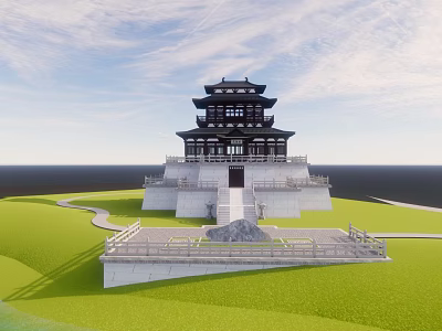 Ancient Chinese Architecture Traditional Pagoda With Stone Steps Green Lawn And Winding Path 3d model
