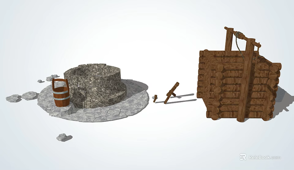 Traditional Garden Ornaments Including Stone Well Wooden Bucket Fence And Tools 3d model 