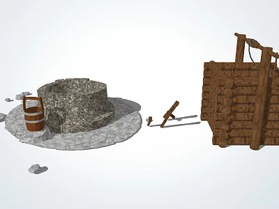 Traditional Garden Ornaments Including Stone Well Wooden Bucket Fence And Tools 3d model