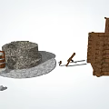 Traditional Garden Ornaments Including Stone Well Wooden Bucket Fence And Tools