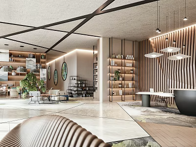 Modern Front Desk Reception Area With Bookshelves Green Plants Hanging Lights And Wooden Walls 3d model