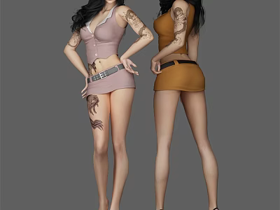 Two Women With Tattoos Wearing Sleeveless Tops And Short Skirts In Pink And Brown 3d model