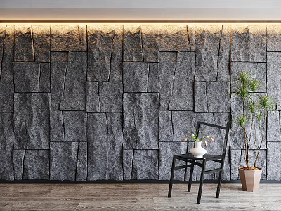 Gray Stone Wall with Irregular Stone Panels Top LED Lighting Black Chair and Potted Plant 3d model