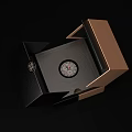 Decorative Ornament Set In Open Black Box With Wooden Texture And Circular Design