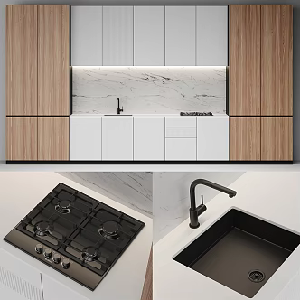 Modern Cabinet Kitchen Wooden Marble Sink Countertop 3d model