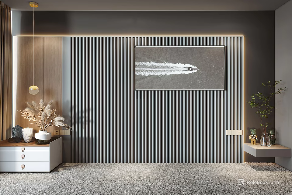 Modern Bed Background Wall With Vertical Stripes And Decorative Painting Design 3d model