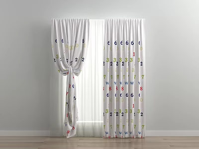 White Double Layer Curtains With Colorful Number Patterns And Tiebacks For Light Colored Wall 3d model