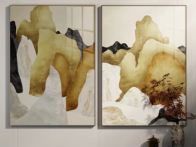 Modern Luxury Landscape Decorative Paintings With Golden Tones For Living Room Wall 3d model