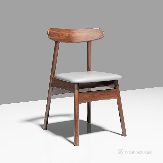 Modern Wooden Dining Chair With Curved Backrest And Light Gray Padded Seat 3d model 