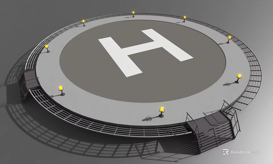 Circular Helipad Area With White H Sign Street Lamps Stairs And Railings 3d model 
