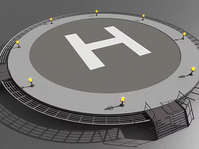Circular Helipad Area With White H Sign Street Lamps Stairs And Railings 3d model