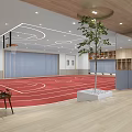 Basketball Gym Interior Design With Red Floor Ceiling Lights Basketball Hoops And Large Windows