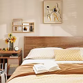 Wooden Double Bed In Modern Cozy Bedroom With White Sheets Nightstand And Sunflowers