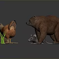 Different Animals Figurines Display With Cat Mouse Bear Chicken And Green Grass 3d model