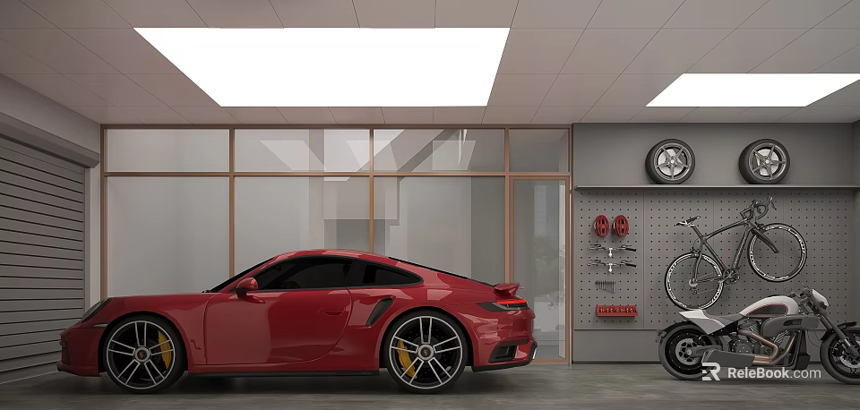 Modern Garage Interior With Red Sports Car Bicycle Tools Glass Walls And Lighting 3d model 