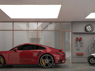 Modern Garage Interior With Red Sports Car Bicycle Tools Glass Walls And Lighting 3d model