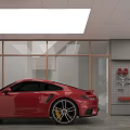Modern Garage Interior With Red Sports Car Bicycle Tools Glass Walls And Lighting