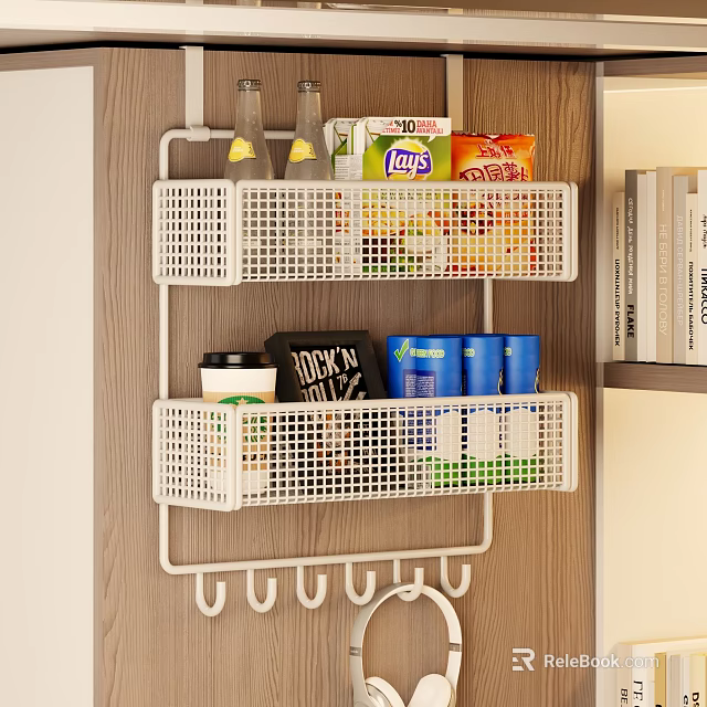White Grid Wall Mounted Storage Shelf For Kitchen Snacks And Drinks With Hooks 3d model