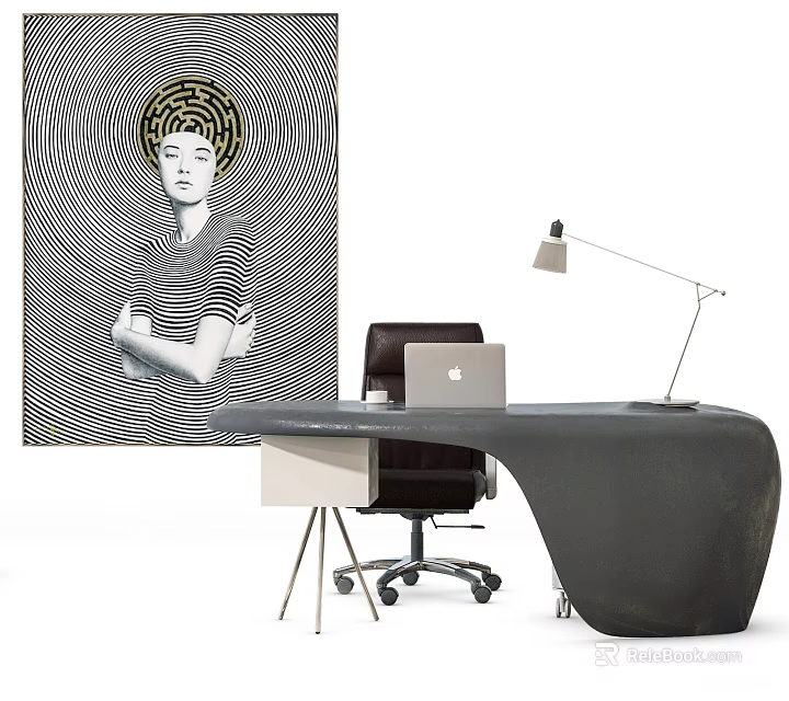 Modern Office Desk With Laptop Black Chair Desk Lamp And Background Artwork 3d model 