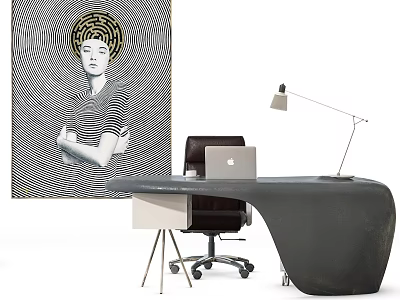 Modern Office Desk With Laptop Black Chair Desk Lamp And Background Artwork 3d model