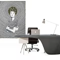 Modern Office Desk With Laptop Black Chair Desk Lamp And Background Artwork