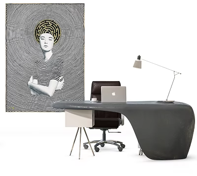 Modern Office Desk With Laptop Black Chair Desk Lamp And Background Artwork 3d model