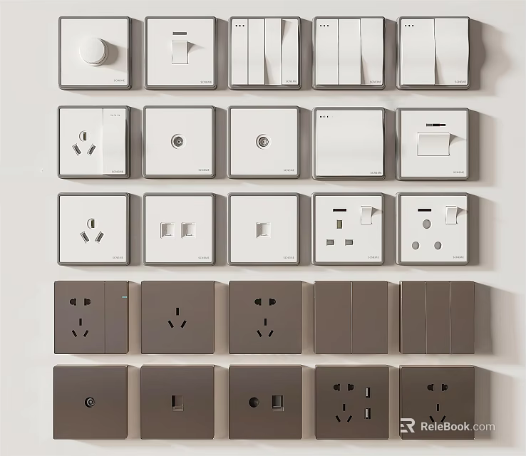 Modern Switch Panels With Various Types White And Gray Sockets Arranged Neatly On Wall 3d model 