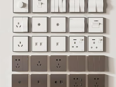 Modern Switch Panels With Various Types White And Gray Sockets Arranged Neatly On Wall 3d model