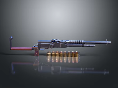 Tactical Machine Gun With Wooden Handle Metal Barrel And Ammunition 3d model