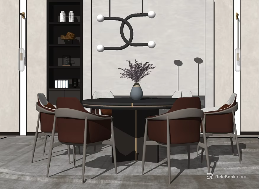 Modern Minimalist Round Dining Table Set With Brown Chairs And Black Ring Pendant Light 3d model