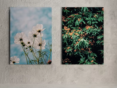Plant Paintings With White Flowers Green Leaves And Orange Blossoms On Wall 3d model