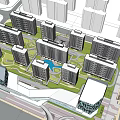 Modern Urban High Rise Buildings Night View With Pedestrian Bridge And Green Rooftops
