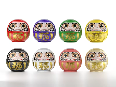 Carved Sculptures of Colorful Daruma Dolls with Fortune Symbols and Various Colors 3d model