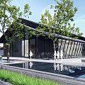 Modern Sales Office Building With Black Exterior Glass Walls Green Trees And Front Water Pool