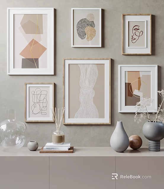 Stylish Wall Decor With Abstract Art Frames And Decorative Vases On Table 3d model