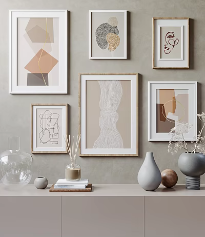 Stylish Wall Decor With Abstract Art Frames And Decorative Vases On Table 3d model