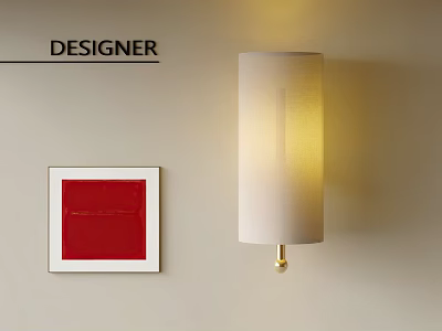 Designer Wall Lamp With White Lampshade Gold Base And Red Framed Artwork 3d model