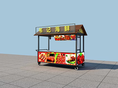 Colorful Mobile Seafood Snack Stall With Canopy And Fresh Food Displays 3d model
