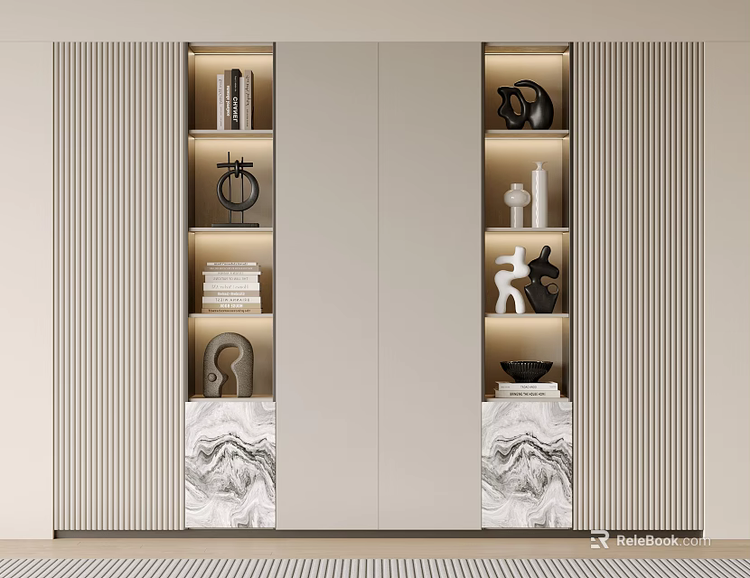 Modern Bookcase Design With Marble Bases LED Lighting And Decorative Sculptures Books 3d model 