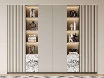 Modern Bookcase Design With Marble Bases LED Lighting And Decorative Sculptures Books 3d model