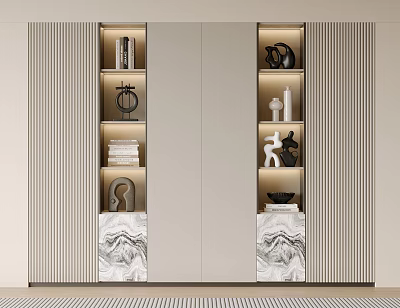 Modern Bookcase Design With Marble Bases LED Lighting And Decorative Sculptures Books 3d model
