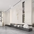 Modern Property Sales Office Interior With Building Model Large Screen And Chandelier