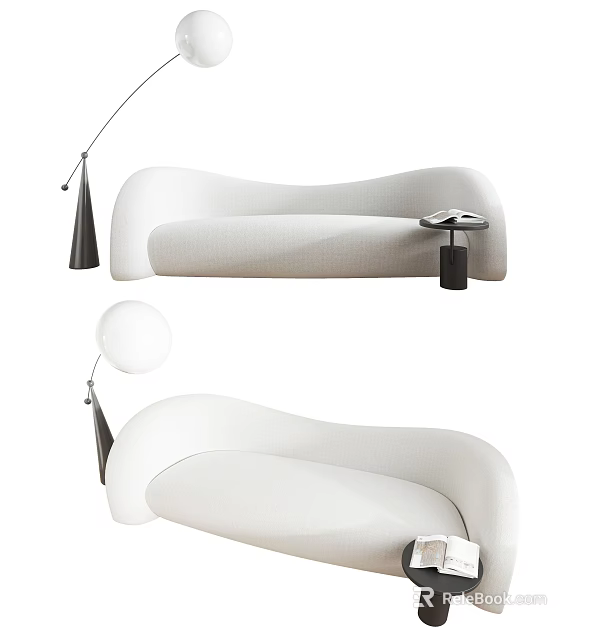 Modern White Sectional Sofa With Curved Design And Floor Lamp Side Table 3d model